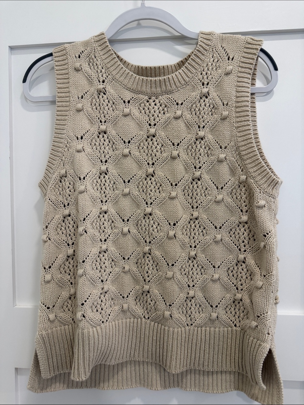 Lucky Brand Crochet Knit Sweater Vest Beige Openwork Diamond Pattern Size LG
